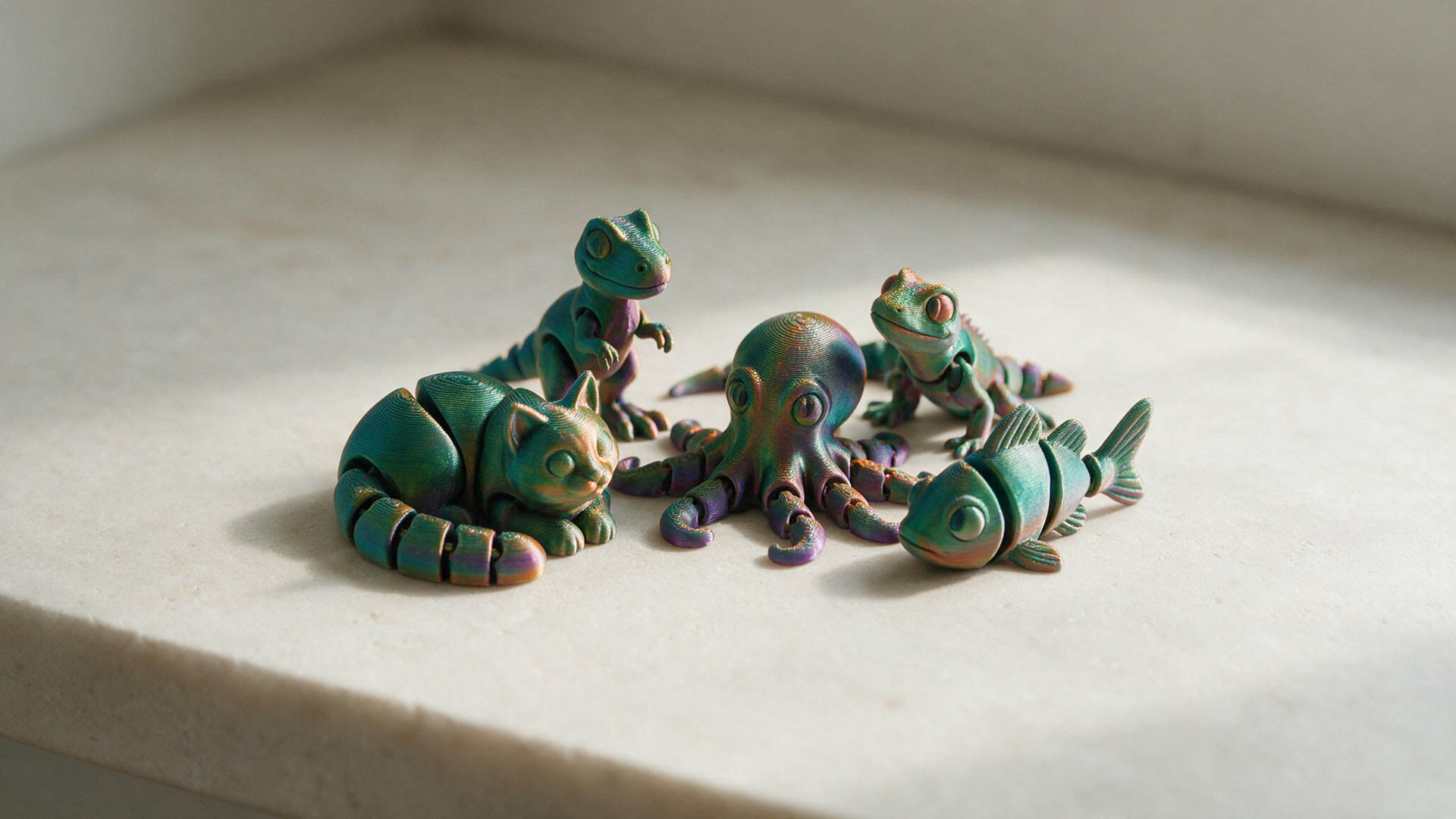 Five small articulated printed animals in colour shifting filament grouped on a pale stone surface.